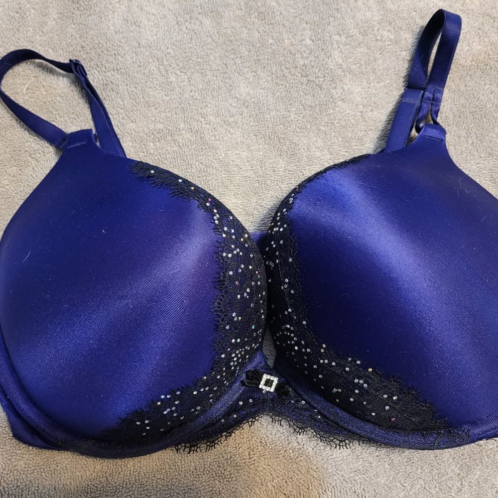 Victoria's Secret Miraculous Plunge Underwire Push Up Bra Royal Blue Lace 36D